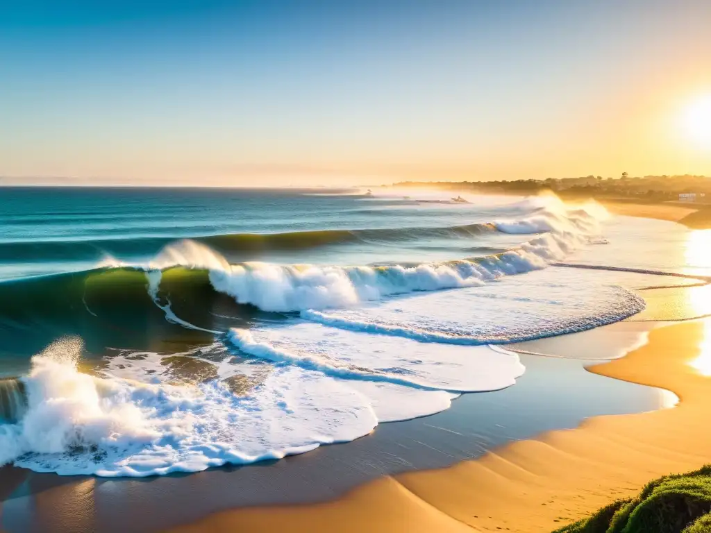 Amanecer encantador en los mejores spots de surf en Uruguay, con playas doradas, tablas coloridas y surfistas en silueta