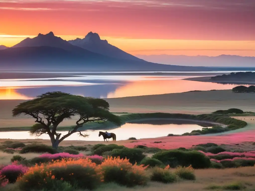 Amanecer etéreo en Uruguay, belleza natural responsable reflejada en el Río de la Plata, con un gaucho solitario en armonía con la naturaleza