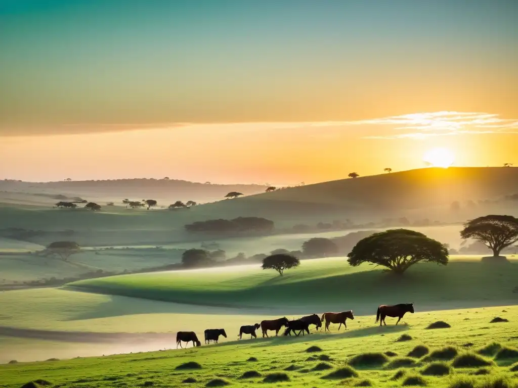 Amanecer idílico en Uruguay: un gaucho tradicional con su ganado, pasturas verdes y el reflejo sereno del lago