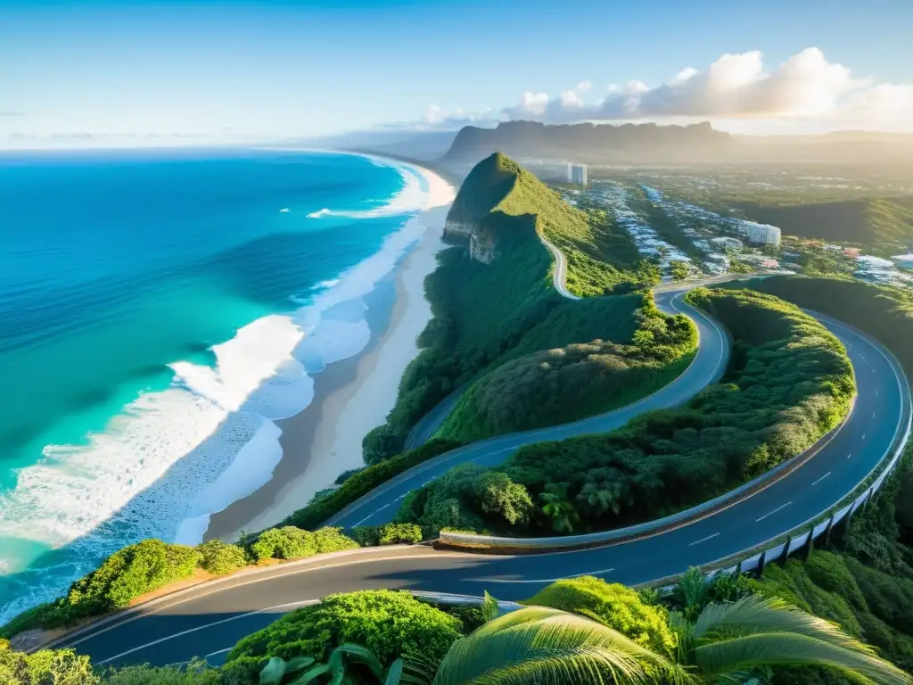 Un amanecer inspirador en las rutas escénicas de la Costa de Oro, serpenteando entre vegetación tropical y un mar azul intenso