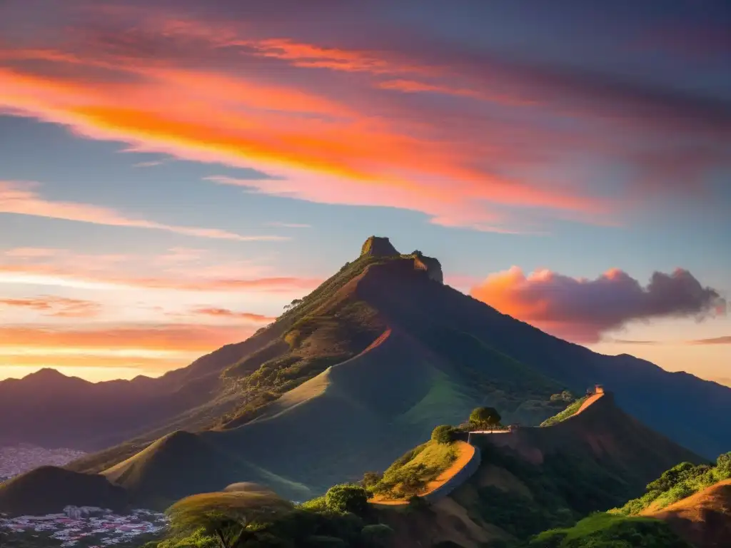 Amanecer mágico en Cerro de los Santos Uruguay, con colores vibrantes iluminando su silueta y vestigios arqueológicos, bajo la bruma etérea