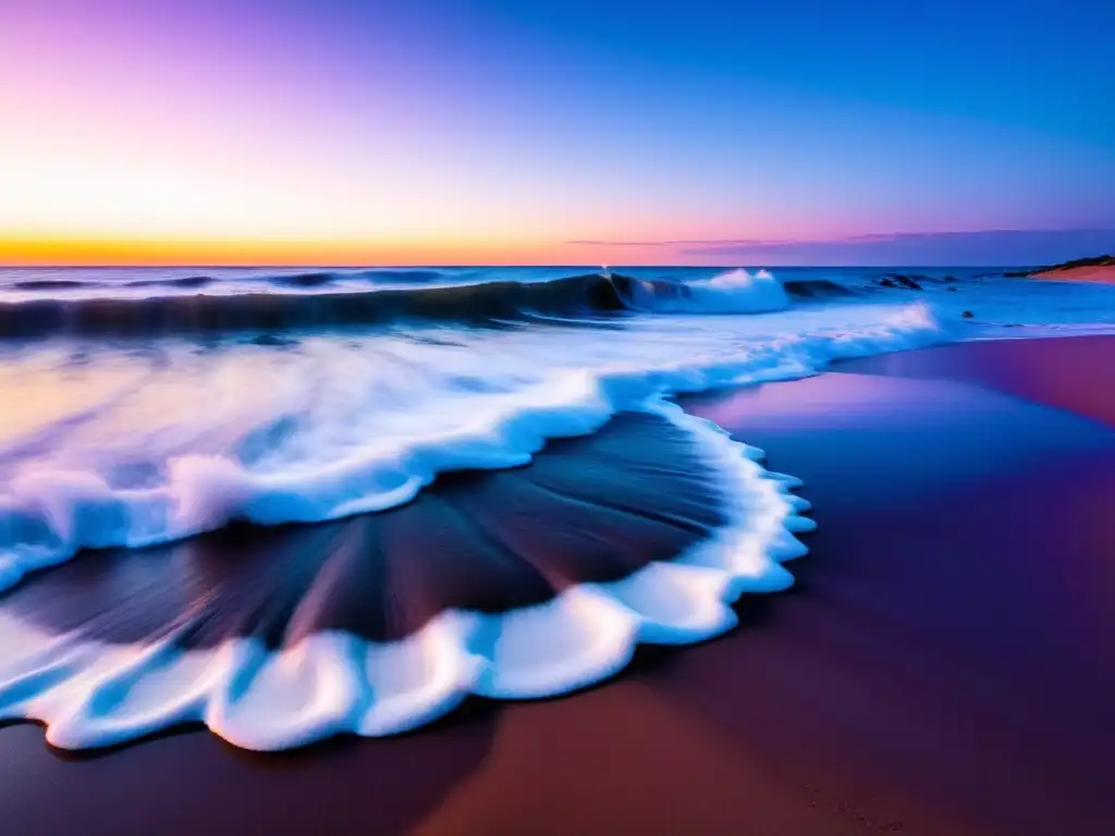 Amanecer mágico en las mejores playas para surf en Uruguay, con colores vibrantes en el cielo, olas desafiantes y surfistas valientes