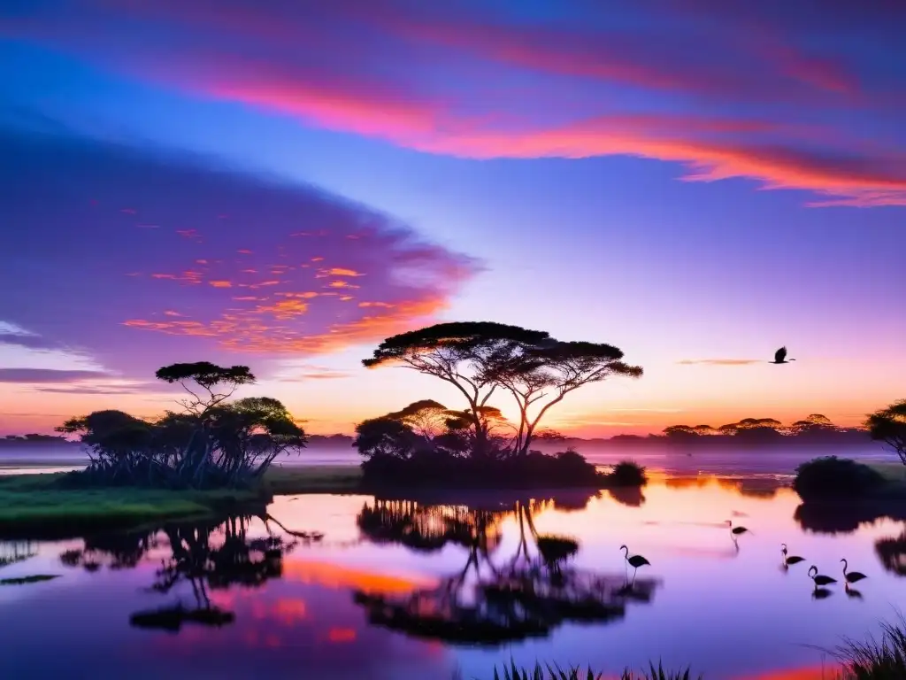 Amanecer mágico en Uruguay, con técnicas avanzadas de observación de aves, admirando flamencos y espátulas en humedales exuberantes