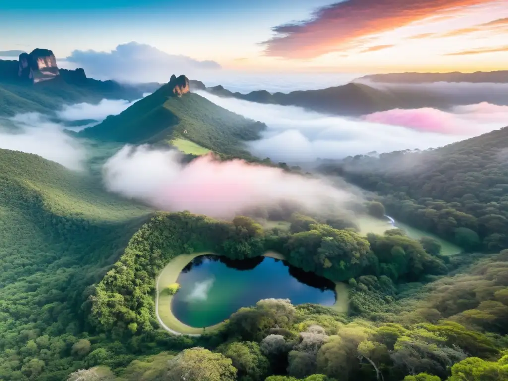 El amanecer ilumina las mejores áreas de camping en Uruguay, la Quebrada de los Cuervos, con tiendas coloridas y naturaleza vibrante