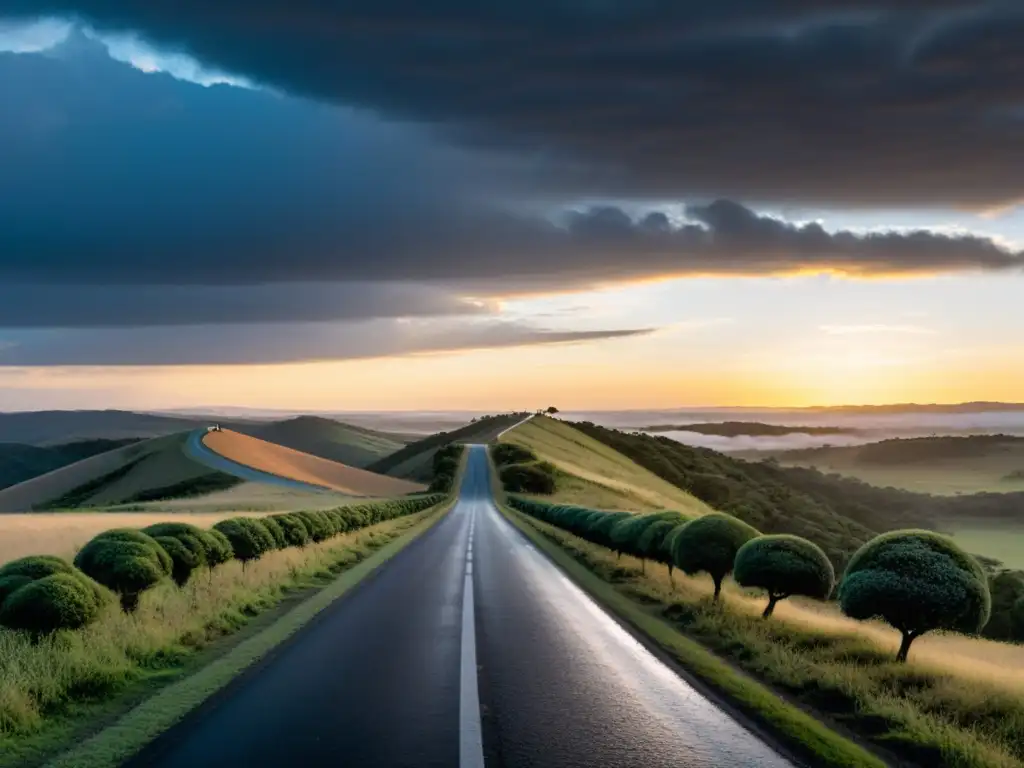 Amanecer nublado en la Ruta de los Cerros, Uruguay, con misterios ocultos en sus rutas escénicas, revelados por el tenue sol sobre las colinas