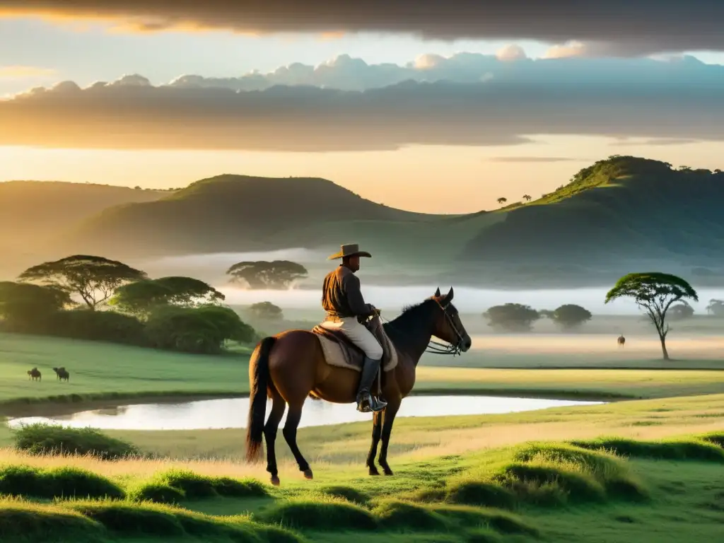 El amanecer baña Tacuarembó en oro, mientras un gaucho, símbolo de la tradición gaucha uruguaya, cabalga hacia el horizonte