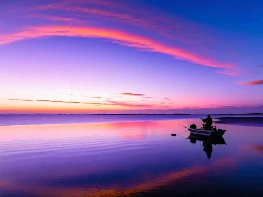 Angler en acción bajo un amanecer pintado en colores cálidos, con su equipo dispuesto en un muelle de madera