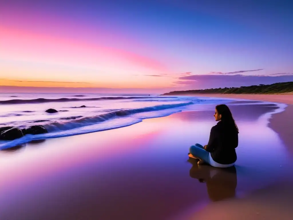 Un amanecer en Uruguay, persona en meditación en una playa serena, rodeada de colinas verdes y mar tranquilo