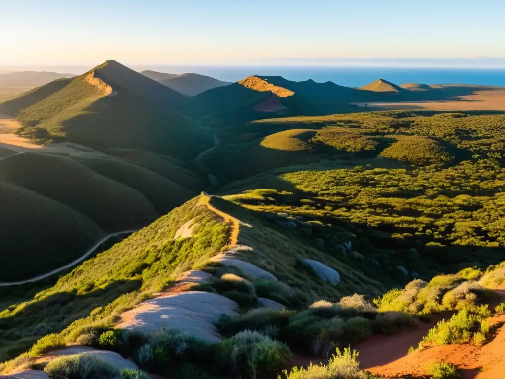 El amanecer ilumina la Quebrada de los Cuervos Uruguay, con cuervos volando sobre terrenos agrestes y senderos serpenteantes