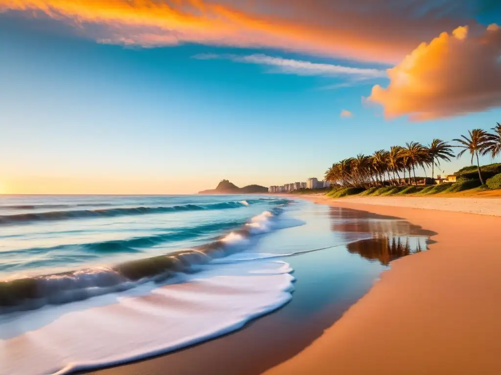 El amanecer ilumina la serenidad de las Playas e Islas de Uruguay, con palmeras danzando al viento y el océano besando la arena dorada