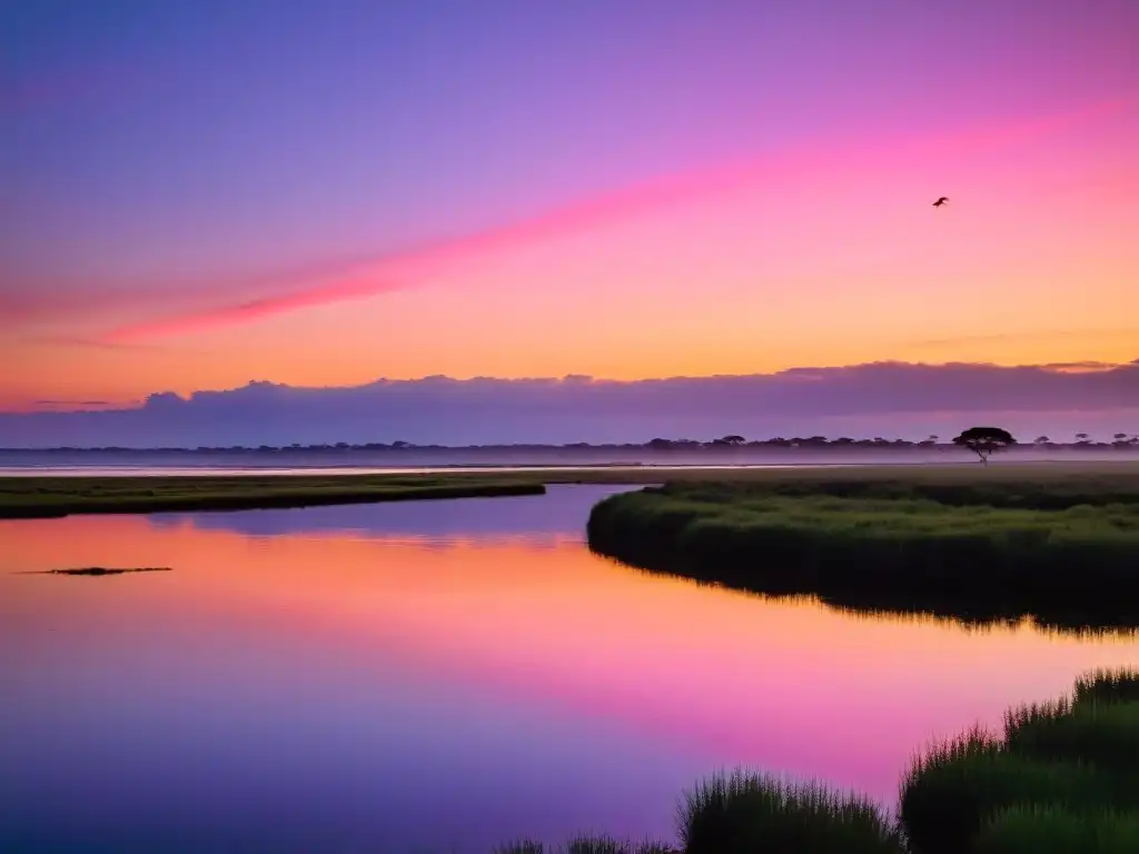 Un amanecer sereno en Santa Lucia, Uruguay, lugar privilegiado para el tour de observación de aves