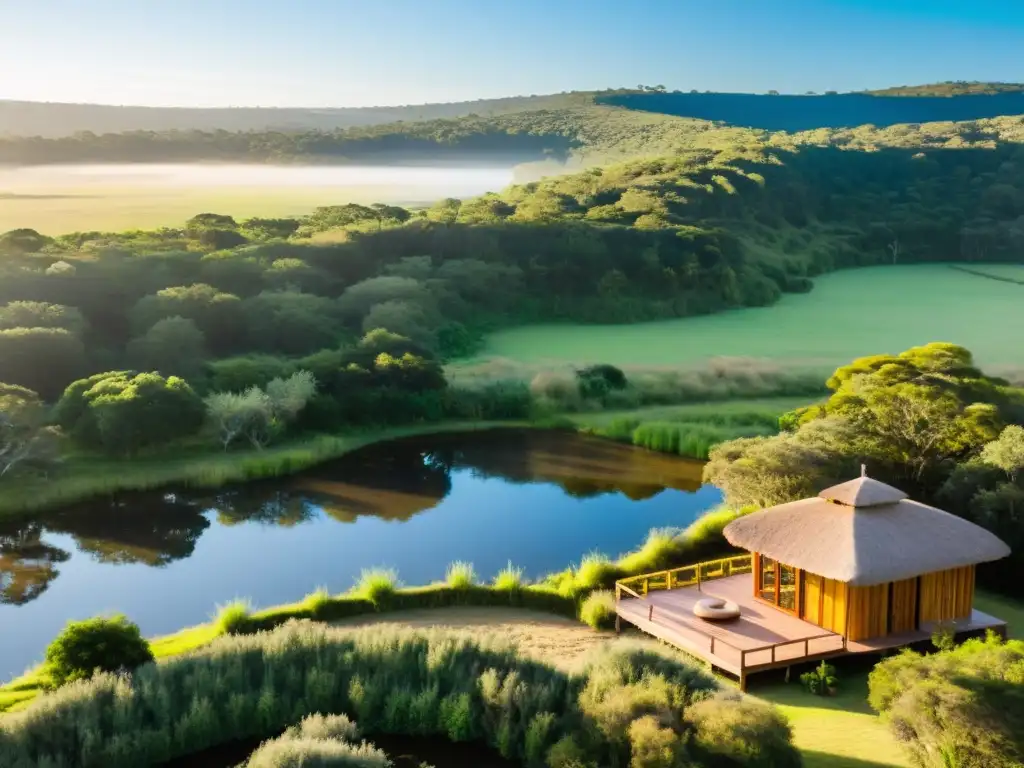 Un amanecer tranquilo en un retiro de yoga en Uruguay, un remanso de belleza y cultura, rodeado de verdes colinas y cabañas ecológicas