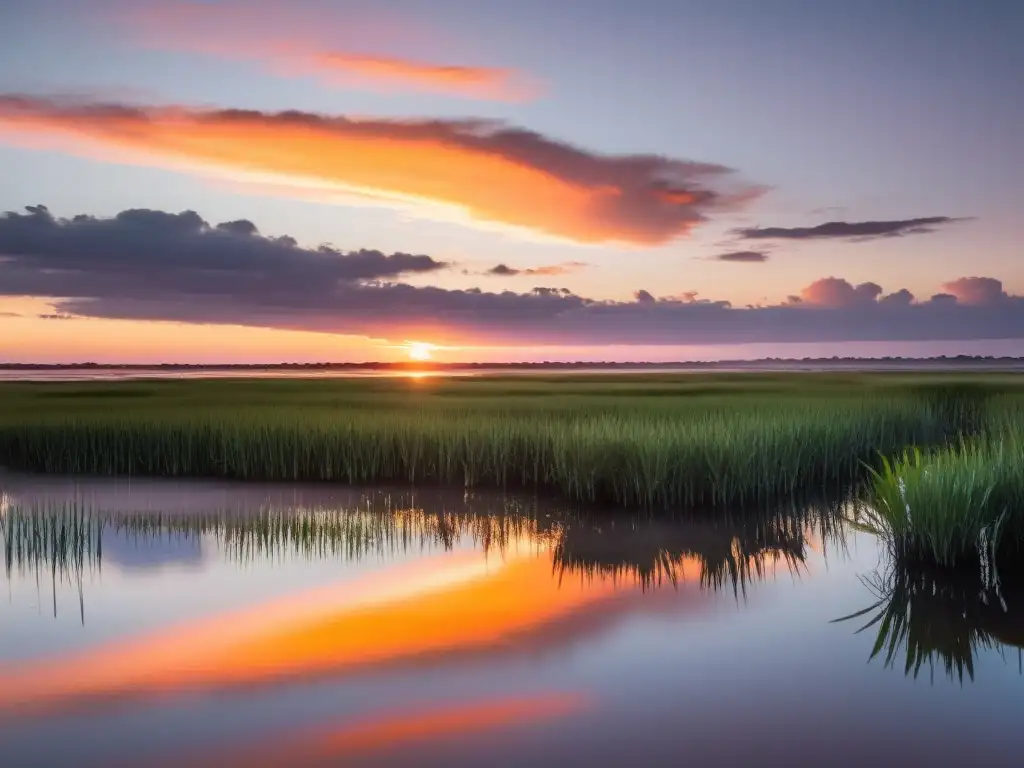 Amanecer vibrante en las inmaculadas marismas de Uruguay, con aves diversas y el reflejo dorado del cielo en el agua