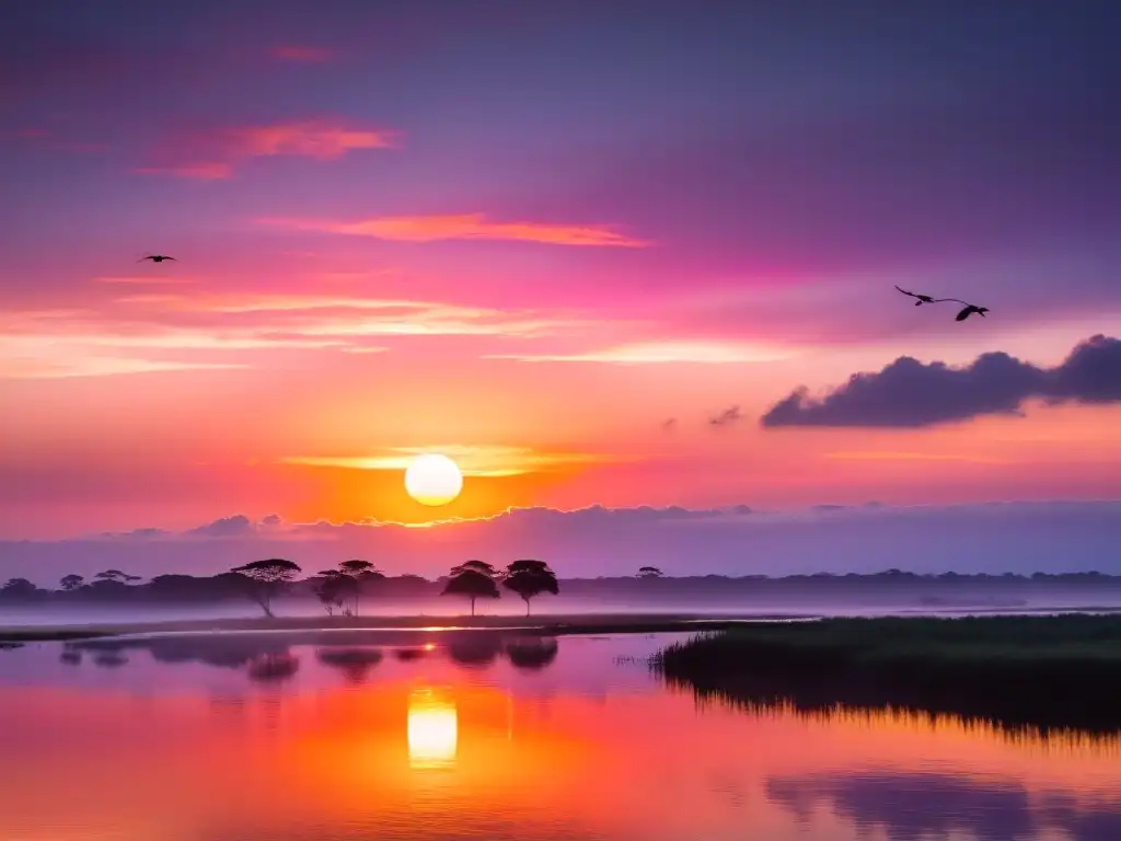 Amanecer vibrante en las marismas de Santa Lucía, Uruguay, preludio a las temporadas de observación de aves, con binoculares y guía en mano