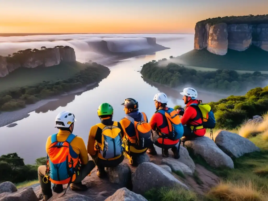 Amanecer vibrante sobre el río Uruguay, turistas de aventura preparándose para escalar un acantilado majestuoso