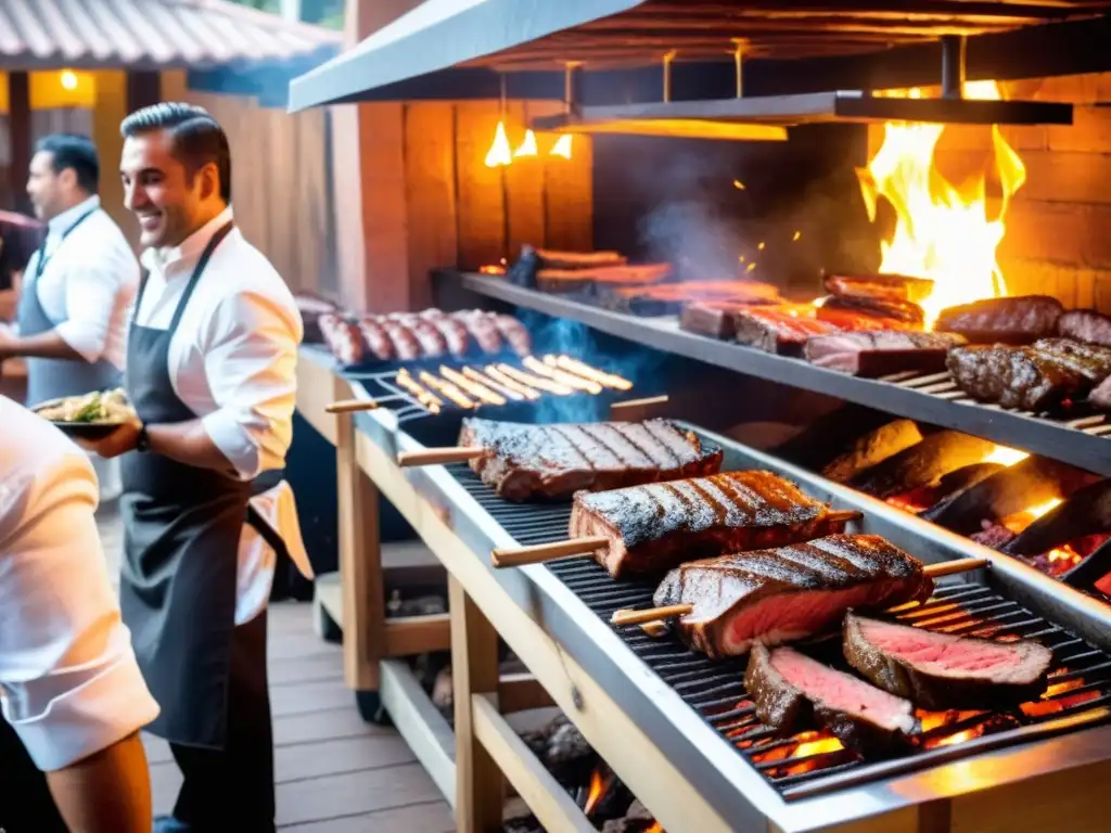 Ambiente vibrante en un tradicional asado uruguayo, con un chef experto, comensales felices y la cautivadora esencia de la parrilla