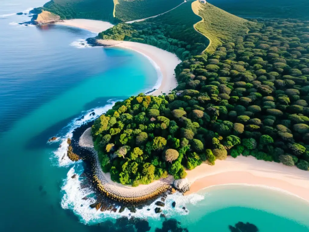 Amplia vista aérea de las Islas de las Palmas, Uruguay, al atardecer, un paraíso de turismo rodeado de aguas turquesas y vegetación exuberante