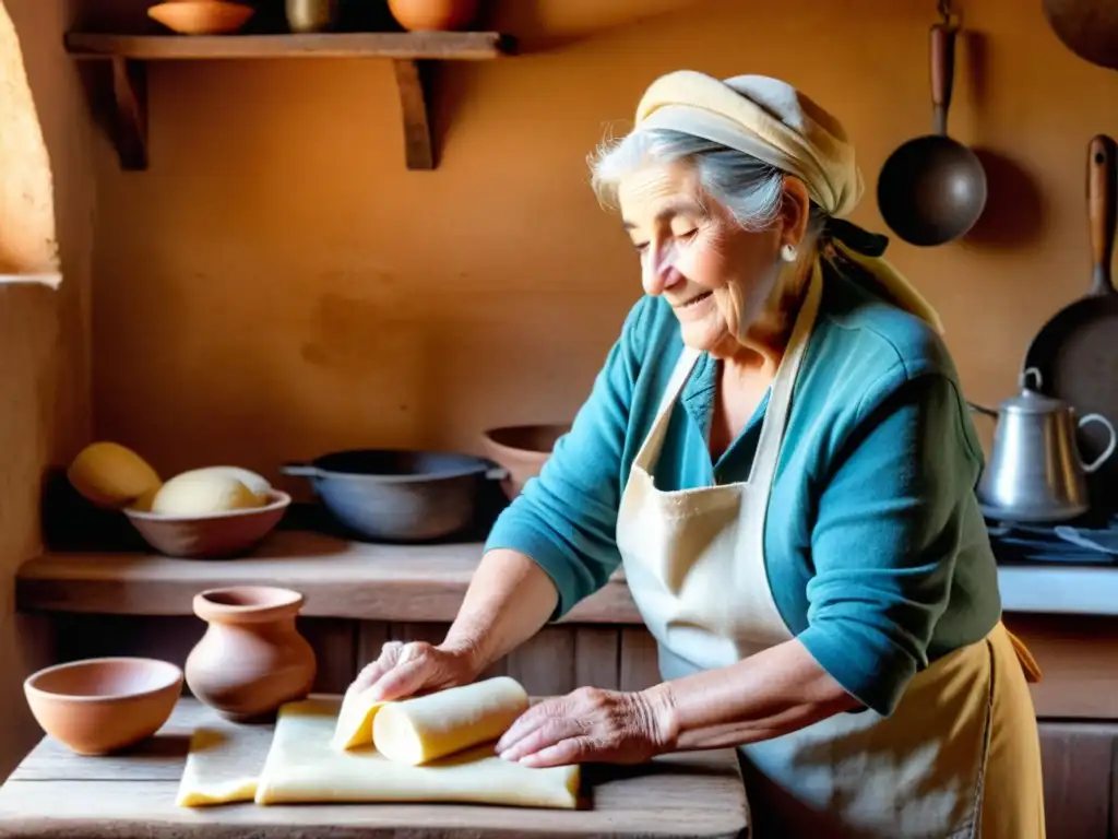 Una anciana uruguaya mezcla tradición de pasta italiana en Uruguay, amasándola bajo el sol de una cocina rústica