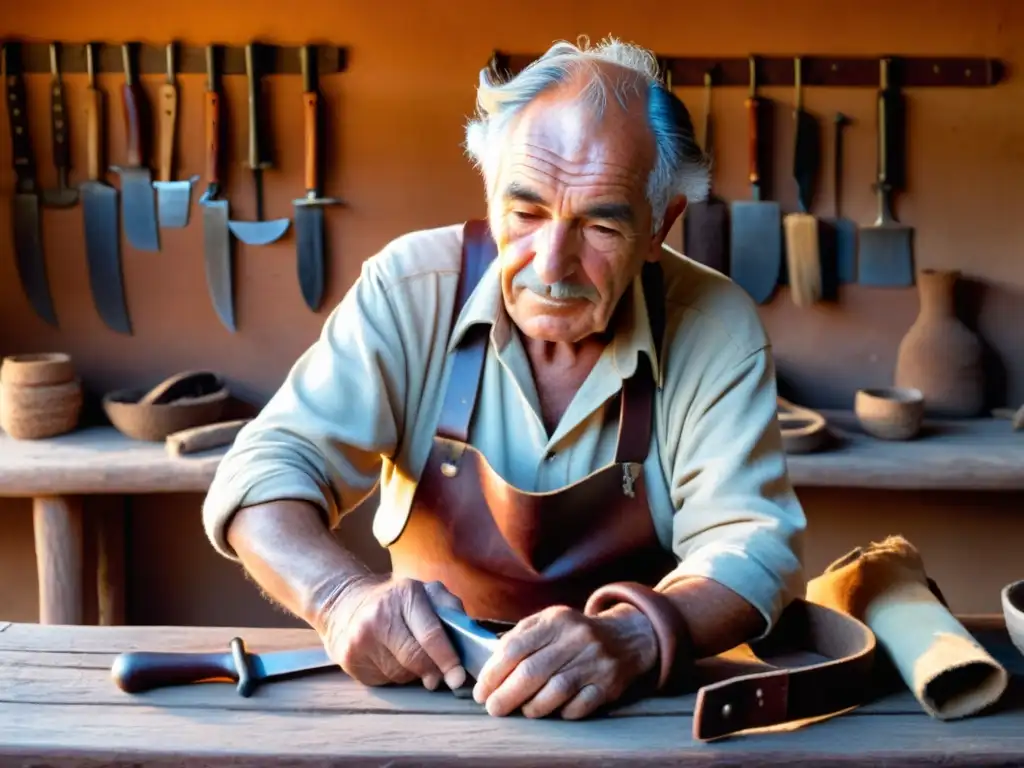 Un anciano artesano uruguayo, en su rústico taller, confecciona un cinturón gaucho bajo el suave sol poniente, reflejando el legado de la artesanía rural Uruguay en cada detalle