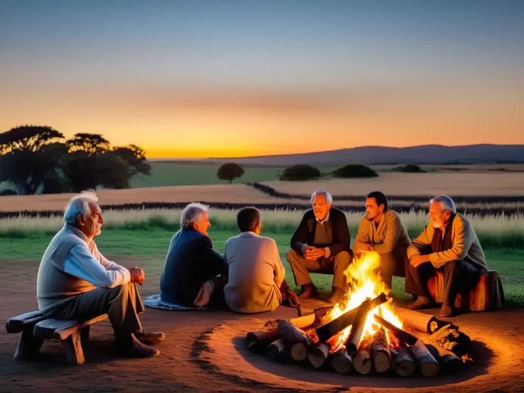 Un anciano comparte emocionantes leyendas uruguayas, mitos y tradiciones a niños absortos, bajo el atardecer campirano, entre sombras y fuego