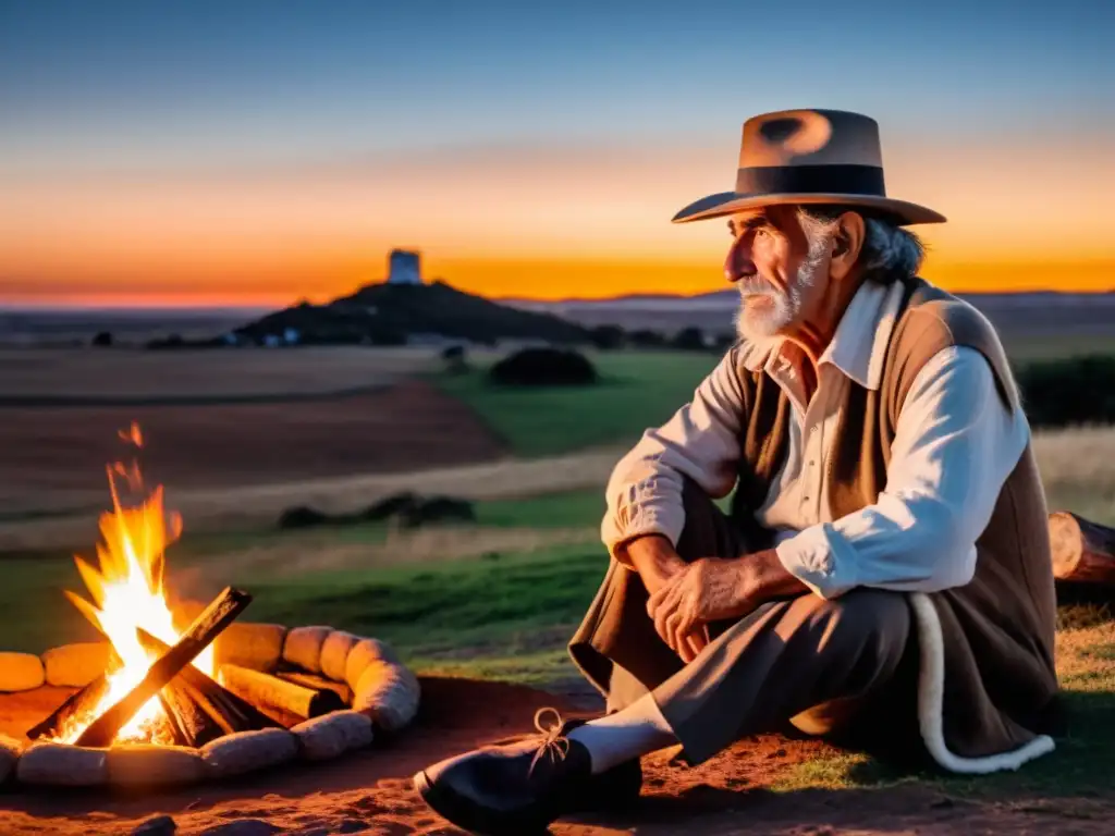 Un anciano gaucho uruguayo, narrando apasionadamente leyendas populares Uruguay cultura, cautiva a su audiencia bajo un mágico cielo crepuscular