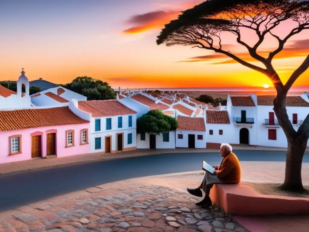 Un anciano narrando apasionadamente leyendas populares de Uruguay, en un pintoresco pueblo al atardecer, mientras la modernidad brilla en la distancia