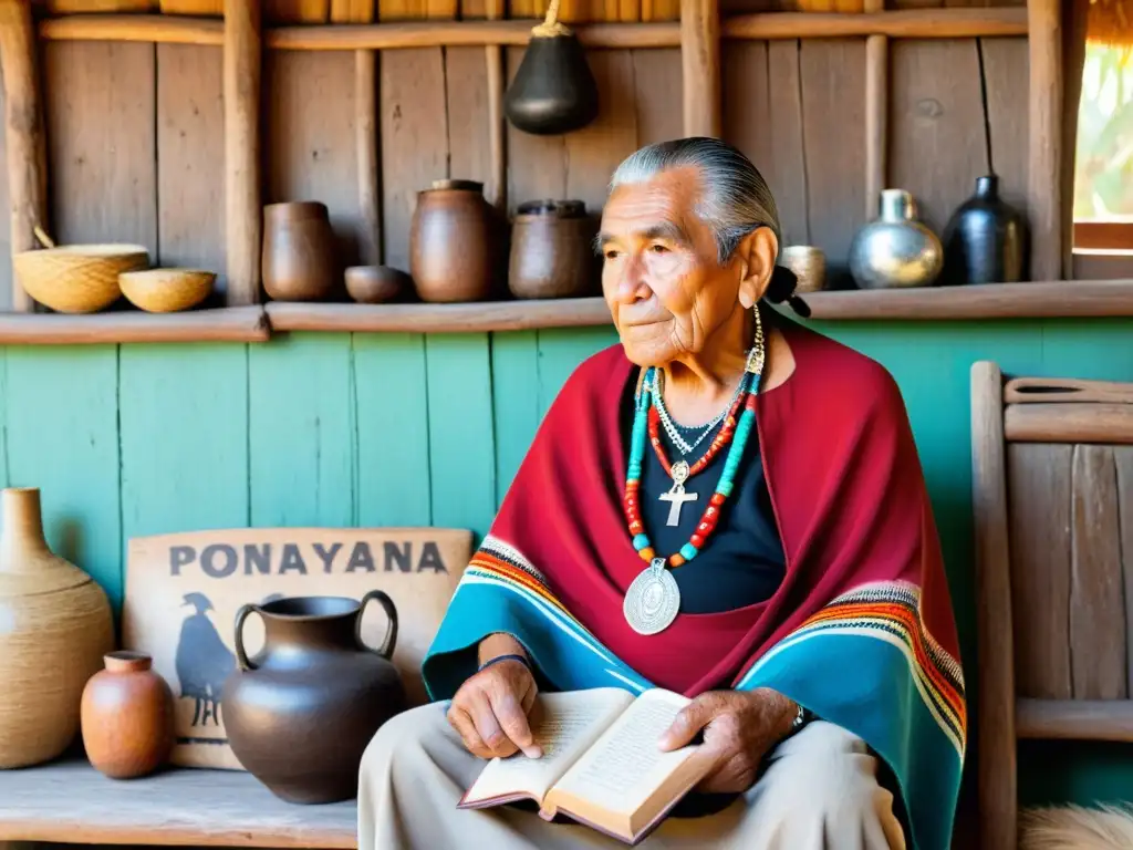 Anciano charrúa, en un rincón rústico, lee un antiguo libro con resiliencia, reflejando la cultura indígena de Uruguay