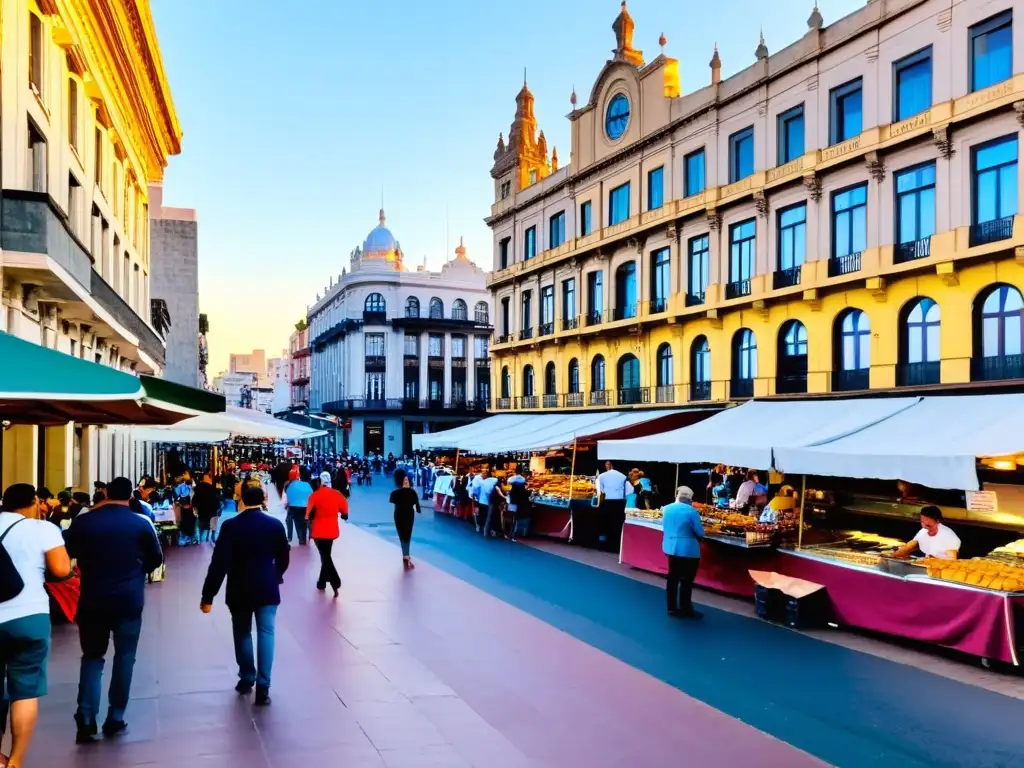 Un animado mercado en Montevideo, Uruguay durante la hora dorada, donde los mejores lugares para comer barato en Uruguay cobran vida