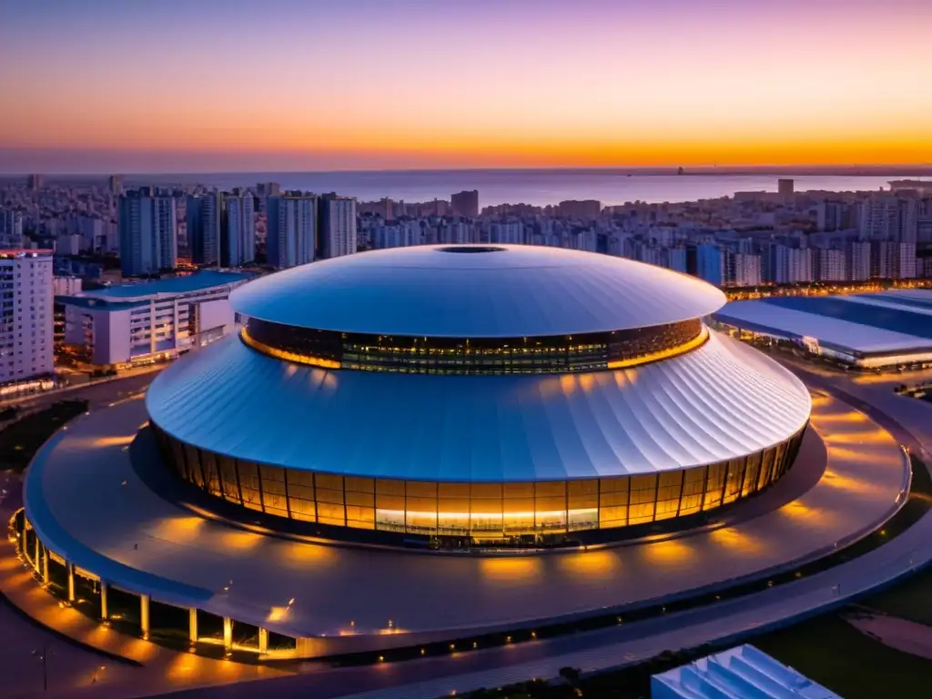 Antel Arena en Montevideo, Uruguay, bañada por el sol poniente, lista para emocionantes eventos de baloncesto en Uruguay