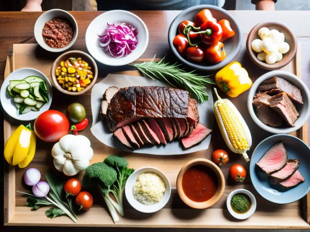 Anticipación de una parrillada uruguaya tradicional, con carnes y vegetales frescos sobre una mesa rústica, listos para la parrilla