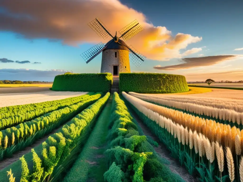 Antiguo molino de piedra en la Ruta de los Molinos en Uruguay, imponente al atardecer dorado en campos de trigo