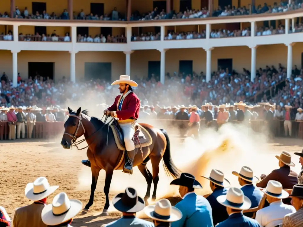 Apasionado gaucho en la Fiesta de la Patria Gaucha en Uruguay, desafiando a un caballo salvaje bajo el sol dorado, ante una multitud emocionada