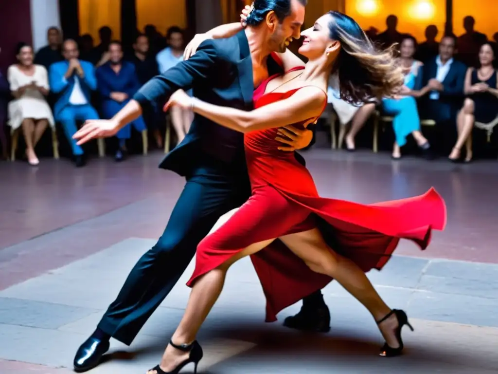 Apasionados bailarines en el Montevideo Tango Festival, sumergidos en la cultura uruguaya, danzando al ritmo vibrante de la ciudad