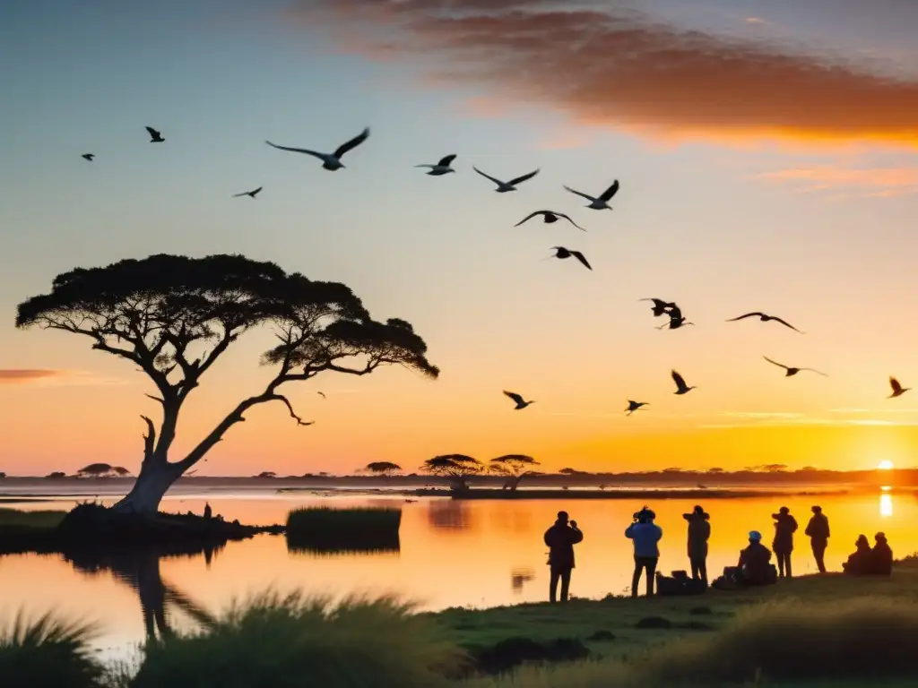 Apasionados de la ornitología disfrutando de los mejores lugares de observación de aves en Uruguay al amanecer