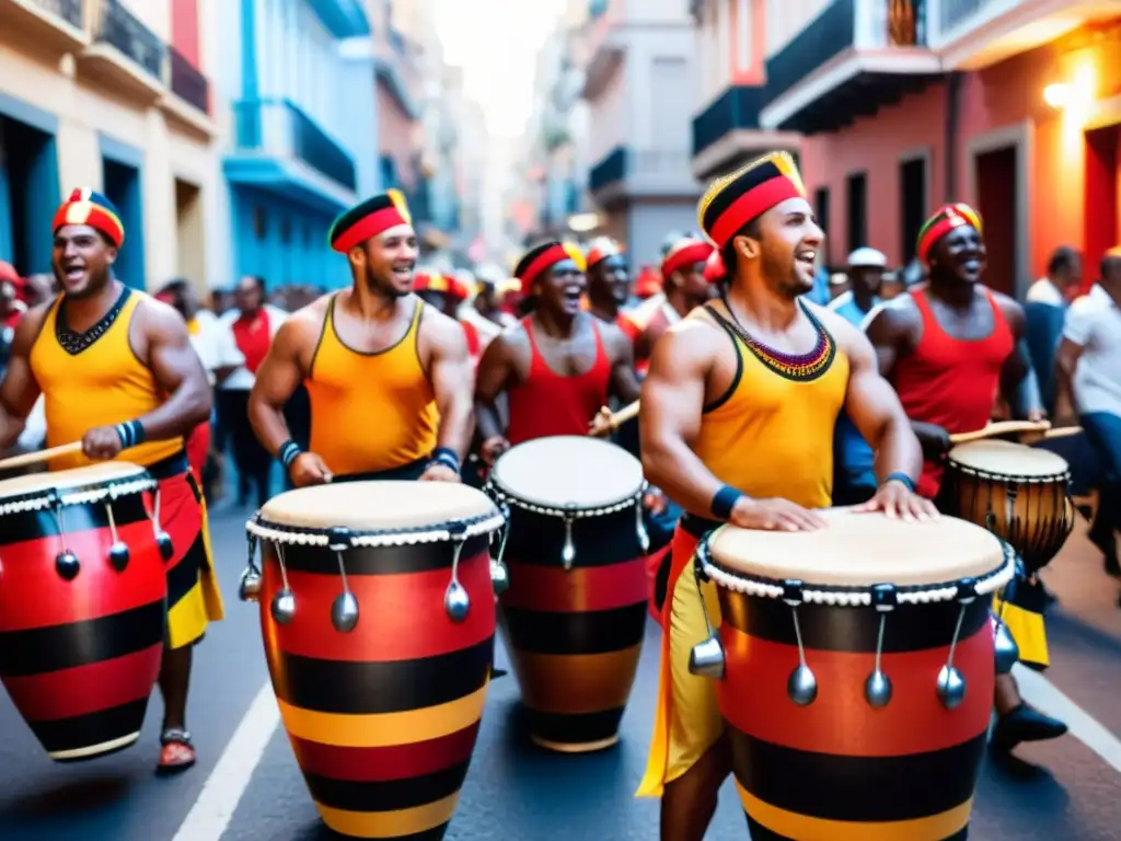 Apasionados tambores de Candombe, cultura afrouruguaya, vibran en las calles de Montevideo al anochecer, entre danzas y trajes tradicionales