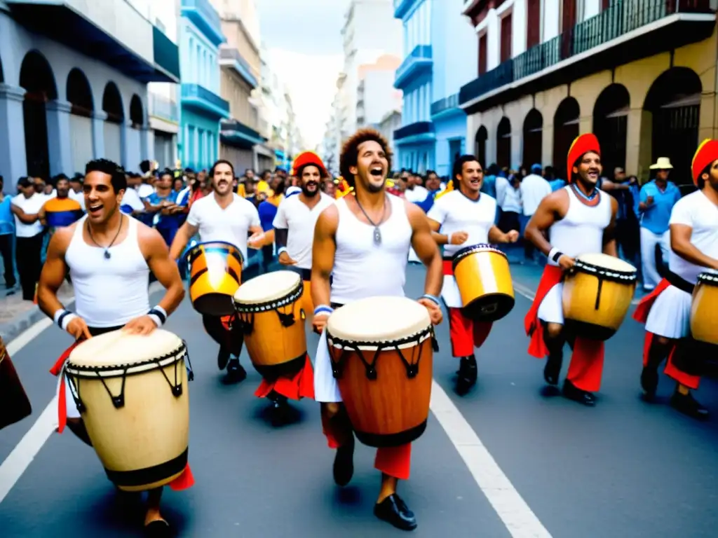 Candomberos apasionados tocando tamboriles en una vibrante procesión de Candombe, tradición cultural uruguaya, en las coloridas calles de Montevideo