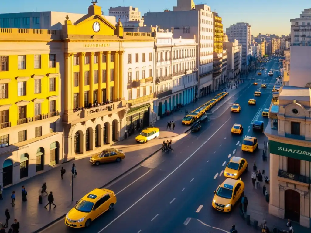 Aplicaciones de transporte en Uruguay revolucionan la ciudad de Montevideo, con taxis y coches particulares bajo un cielo dorado vibrante