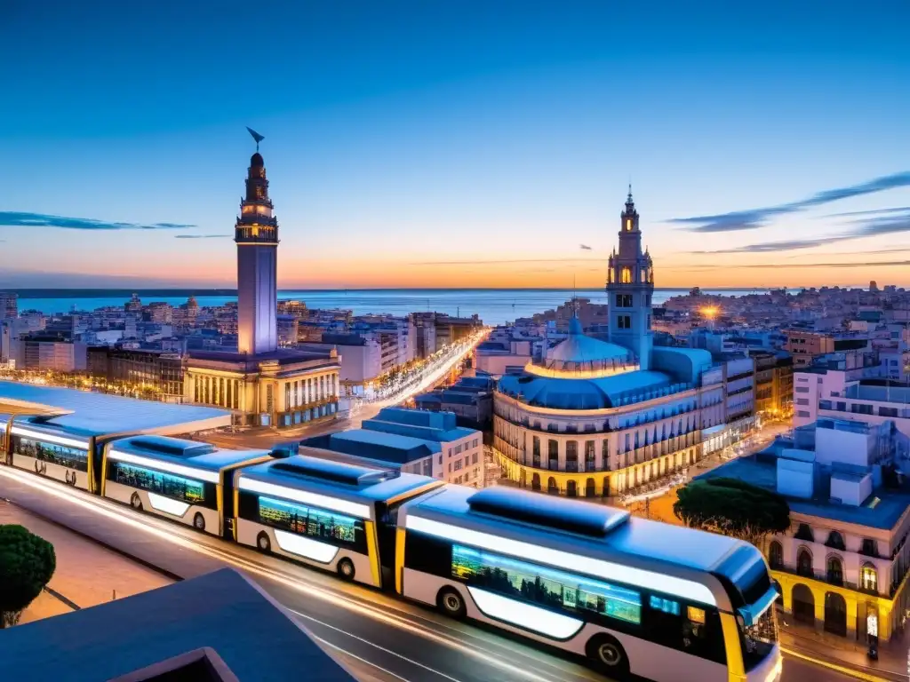 Aplicaciones de transporte en Uruguay iluminan la vibrante ciudad de Montevideo bajo un cielo crepuscular, uniendo digitalmente vehículos y peatones