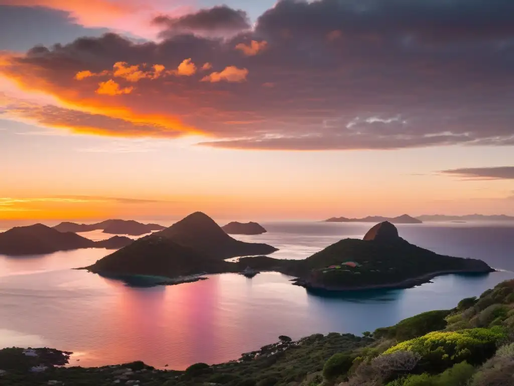 Navegando por el archipiélago de las Islas de la Coronilla al atardecer, bañadas en tonos naranjas y rosas, un santuario de vida silvestre en Uruguay