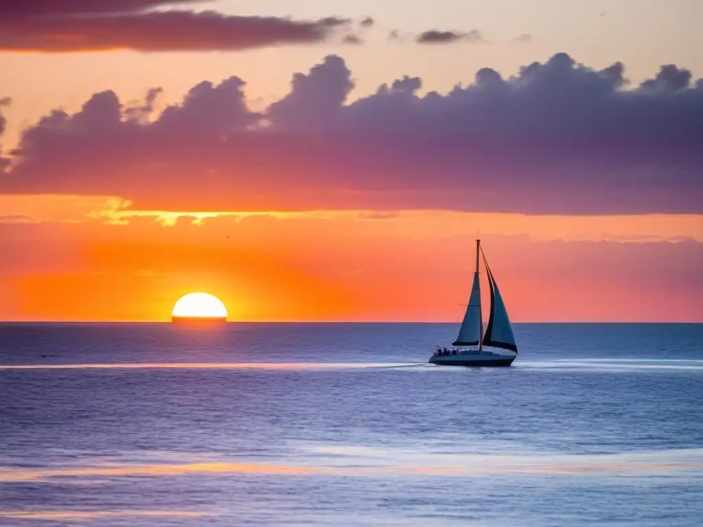 Navegando por el archipiélago de las Islas de la Coronilla, Uruguay, un velero solitario disfruta del impresionante atardecer, mientras las gaviotas sobrevuelan el cielo teñido de naranja, rojo y púrpura