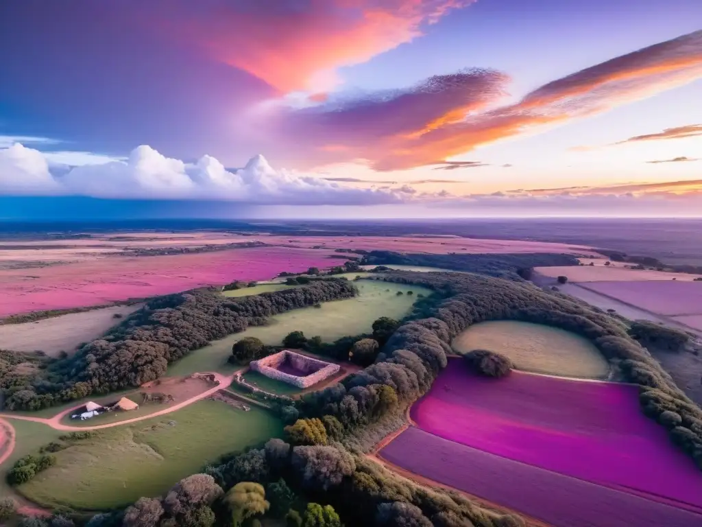 Arqueólogos descubriendo artefactos charrúas en sitios arqueológicos de Uruguay, bajo un mágico atardecer colorido