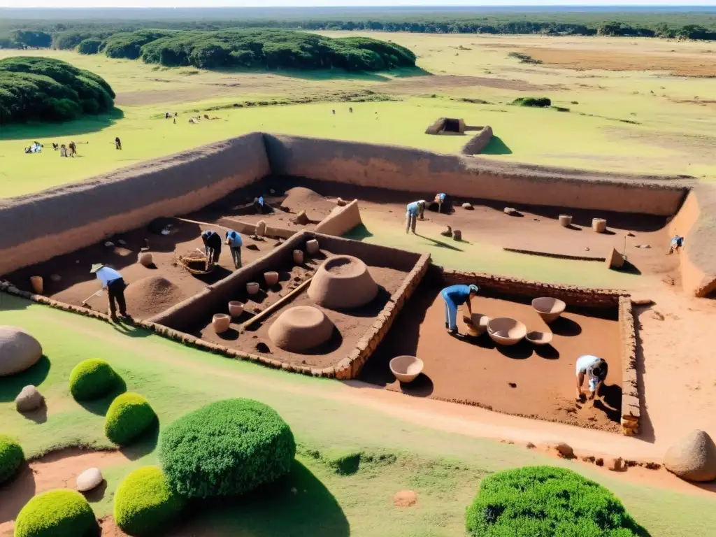 Arqueólogos desenterrando secretos de la historia en sitios arqueológicos de Uruguay charrúas, entre estructuras antiguas y césped nativo