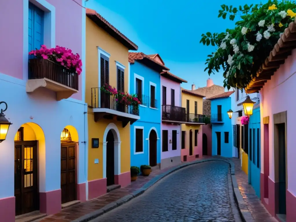 Arquitectura colonial uruguaya en Colonia del Sacramento: calles adoquinadas, casas pastel, faro al atardecer y un auto vintage