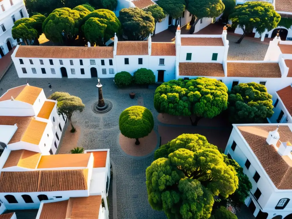 Arquitectura colonial uruguaya en Colonia del Sacramento, casas blanqueadas y calles empedradas bajo un cielo azul brillante