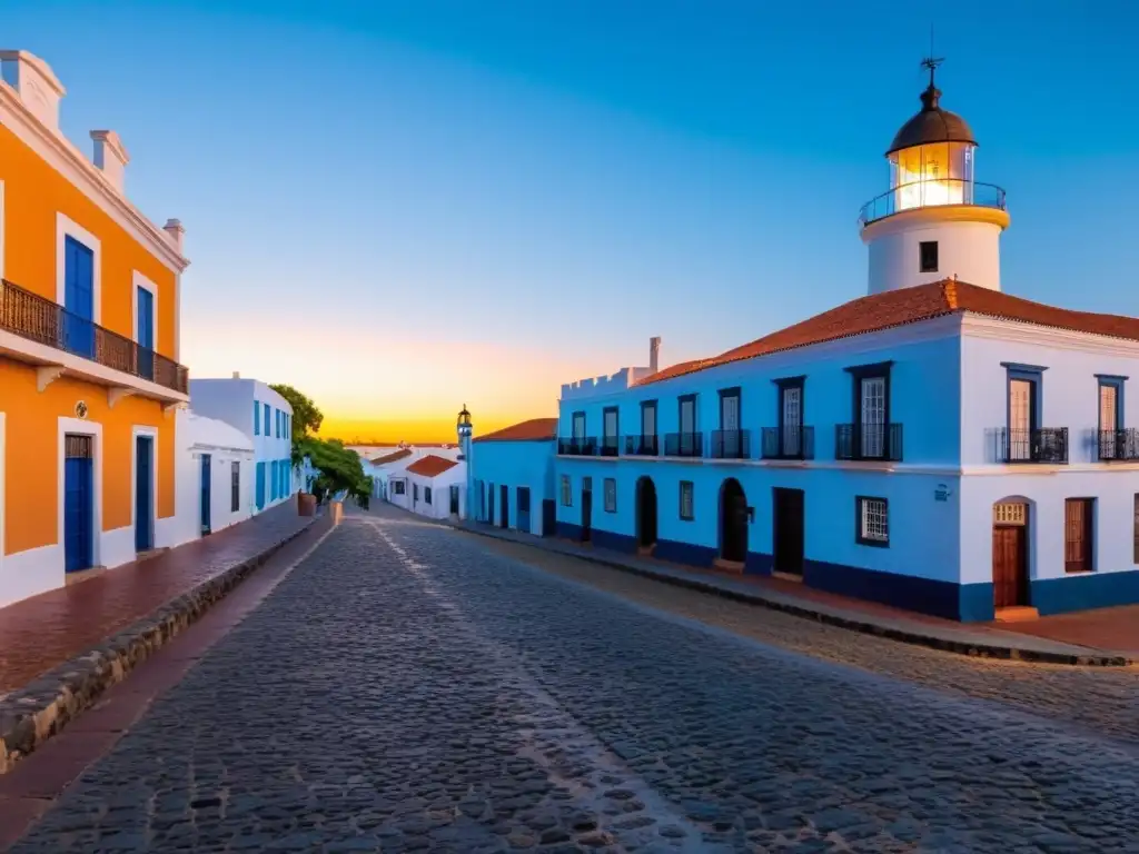 Arquitectura colonial uruguaya en Colonia del Sacramento, bajo un cielo anaranjado, calles adoquinadas y un antiguo faro destacando en la lejanía