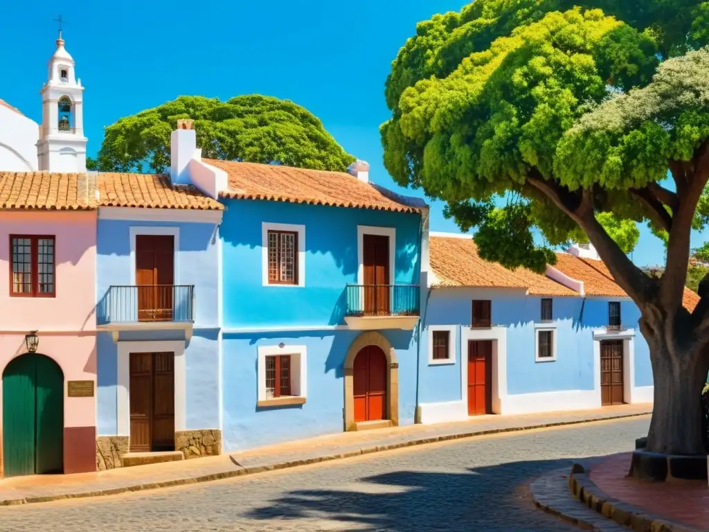 Arquitectura colonial uruguaya en Colonia del Sacramento, con calles empedradas, casas pastel y una iglesia rústica bajo un cielo azul