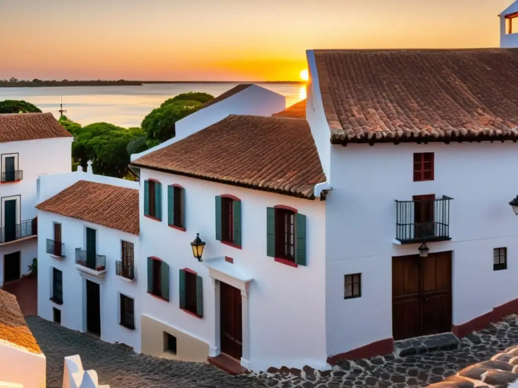 Arquitectura colonial uruguaya en Colonia del Sacramento, bañada por el dorado atardecer, calles empedradas y faro emblemático