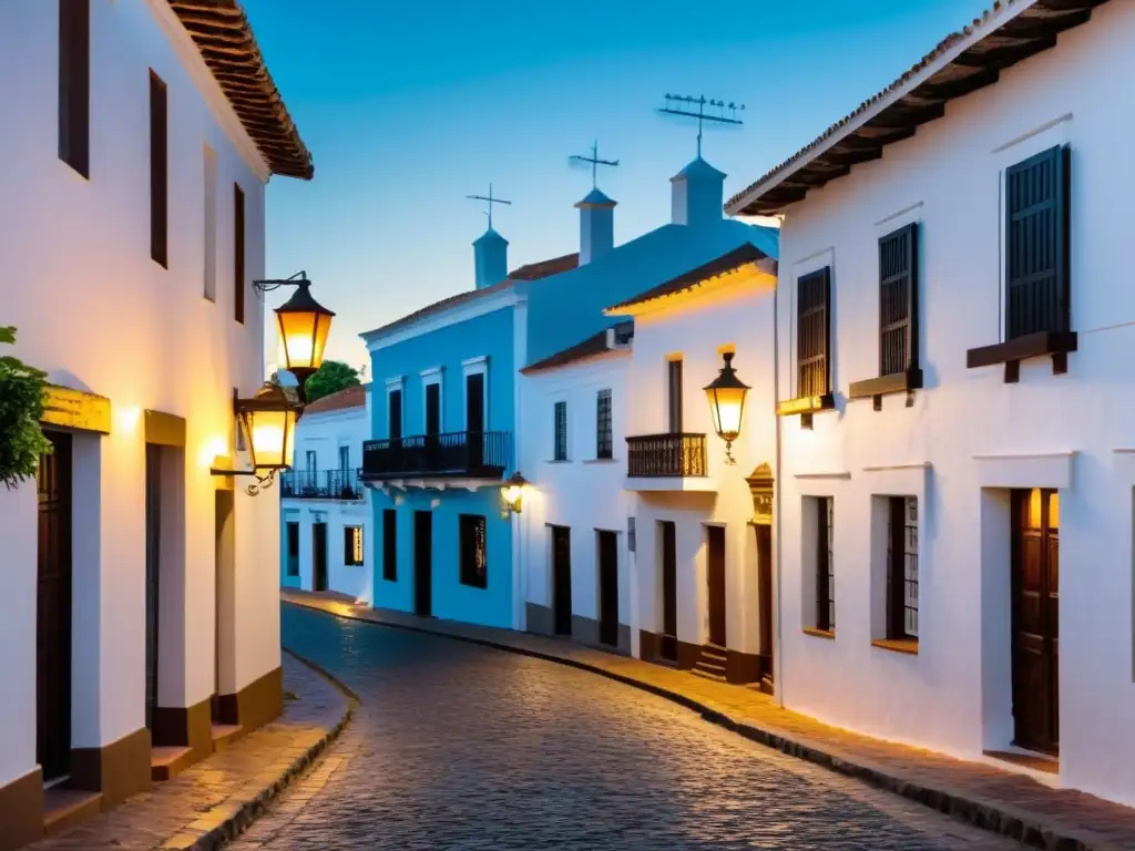 Arquitectura colonial uruguaya en Colonia del Sacramento, con calles empedradas y edificios blancos bajo un atardecer dorado