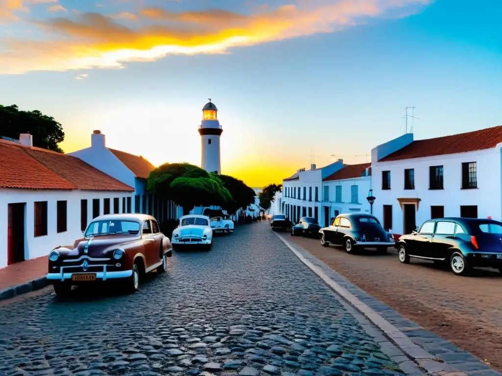 Arquitectura histórica en Uruguay enmarcada en un atardecer dorado en Barrio Histórico, Colonia del Sacramento, rebosante de vida y nostalgia