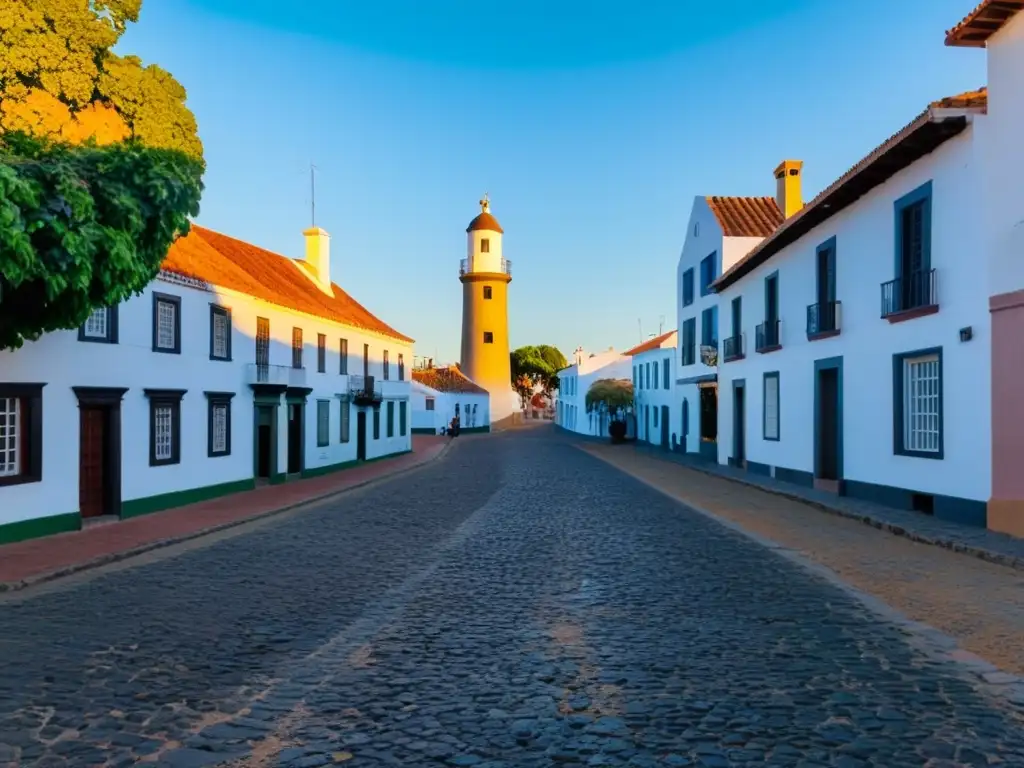 Arquitectura histórica en Uruguay resplandece durante la hora dorada en Colonia del Sacramento, con calles adoquinadas vacías y faro vigilante